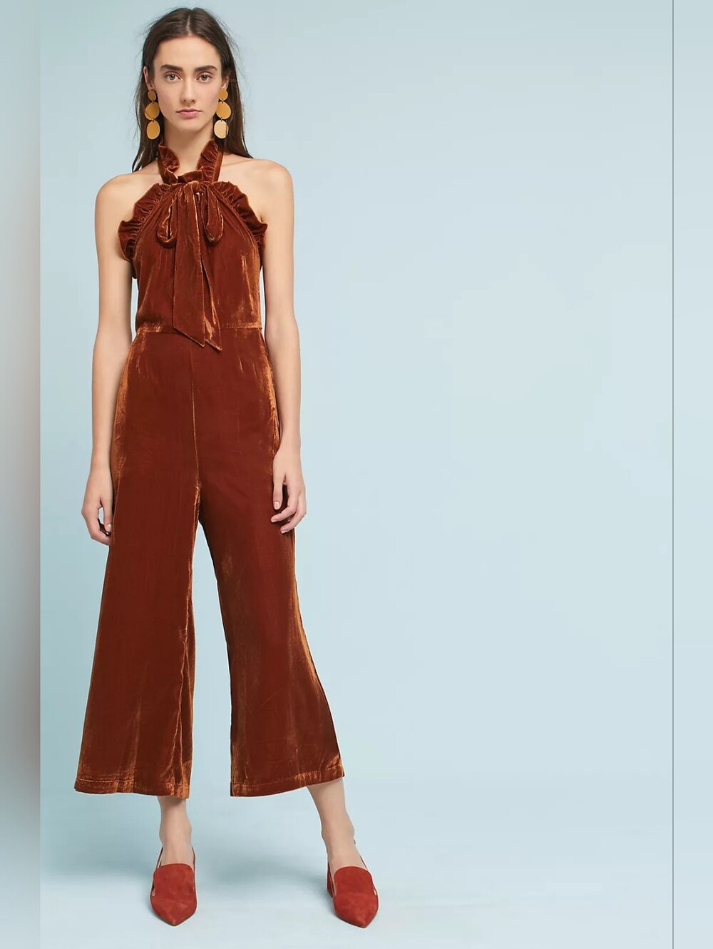 Anthropologie Kristinit Golden Rust Brown Velvet Jumpsuit Size XS